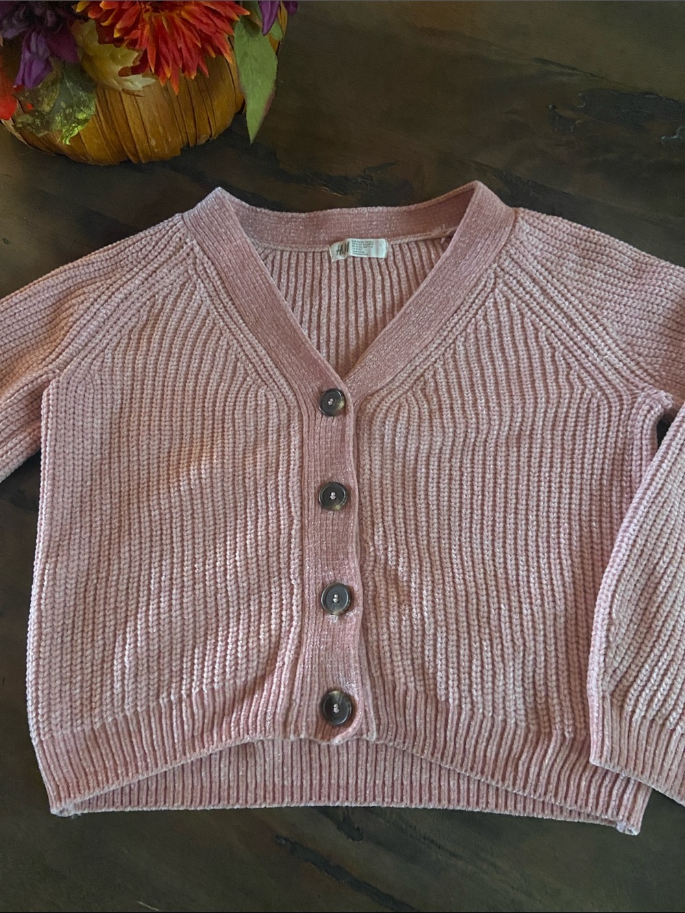H&M Girls Pink Button-Front Ribbed Cardigan Sweater
